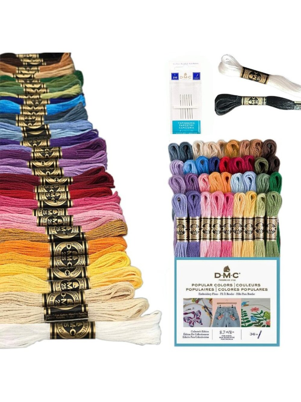 36 Color Embroidery Thread Bundle with Needles - White & Black Included